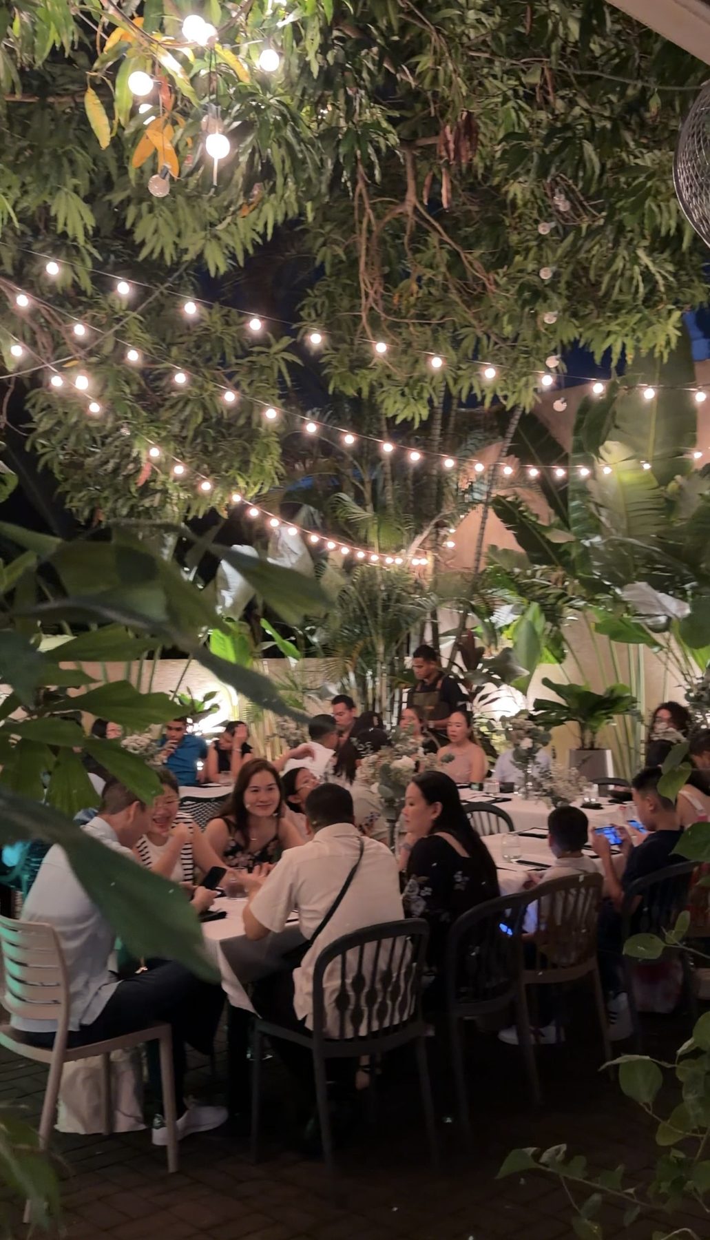 Celebración nocturna bajo las luces del jardín de Pastissima El Origen